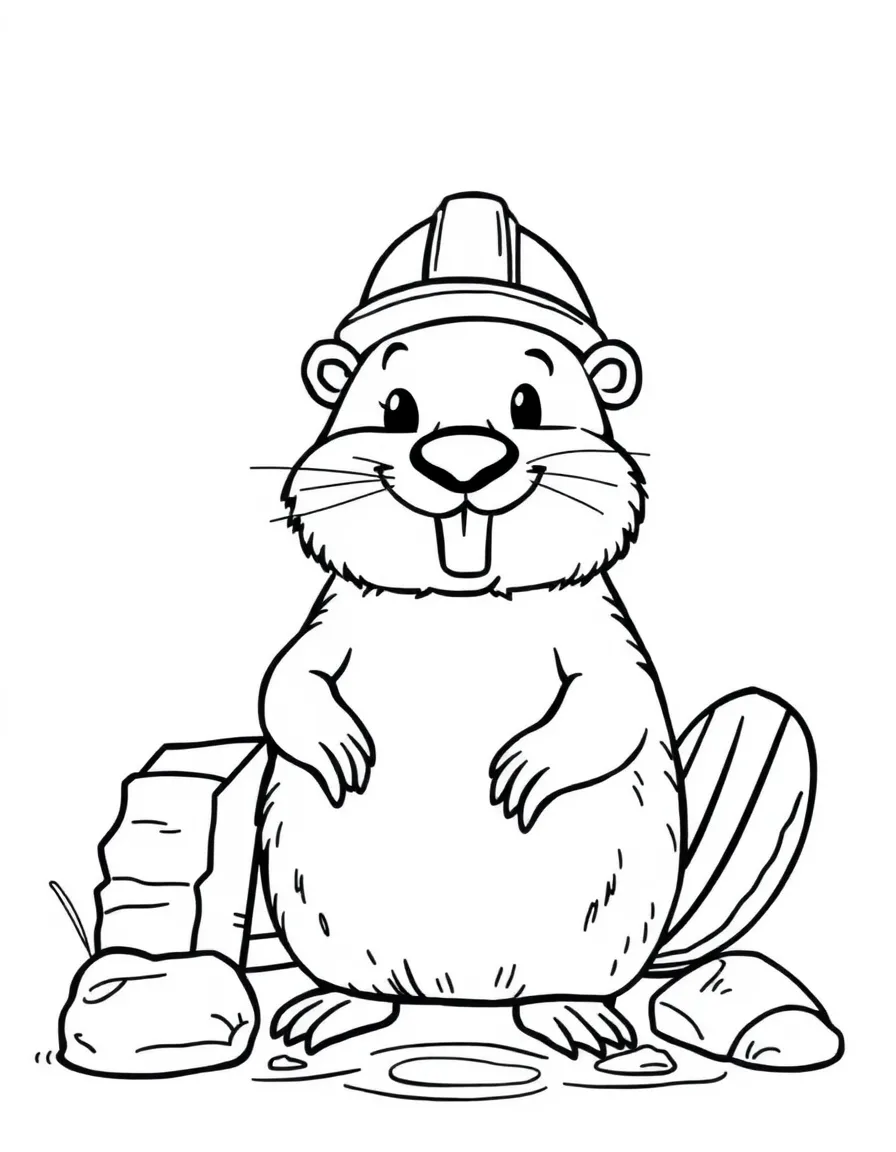 A happy beaver with a hard hat, building a dam in Minnesota.