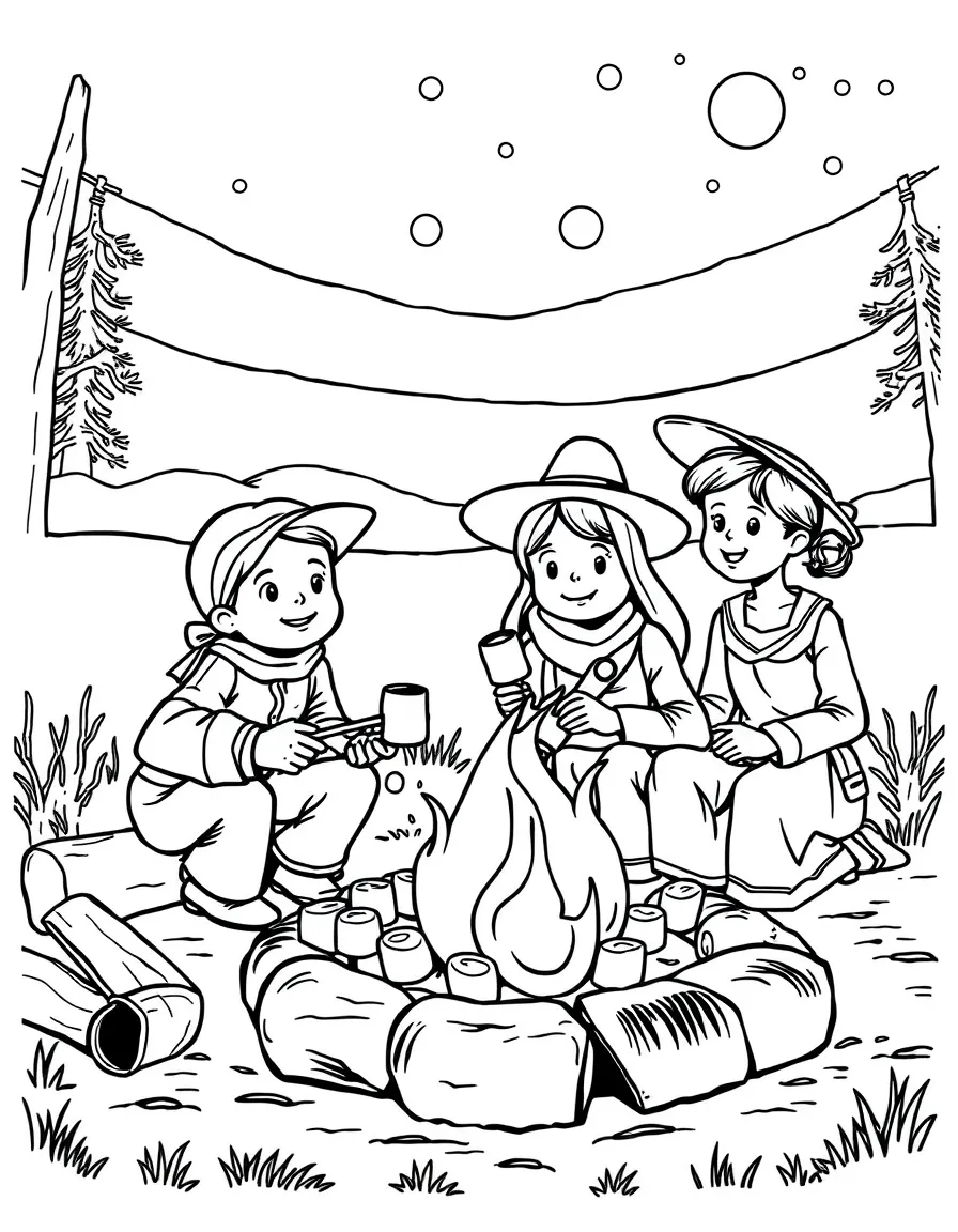 A brave pioneer family roasting marshmallows over a campfire in Nebraska.