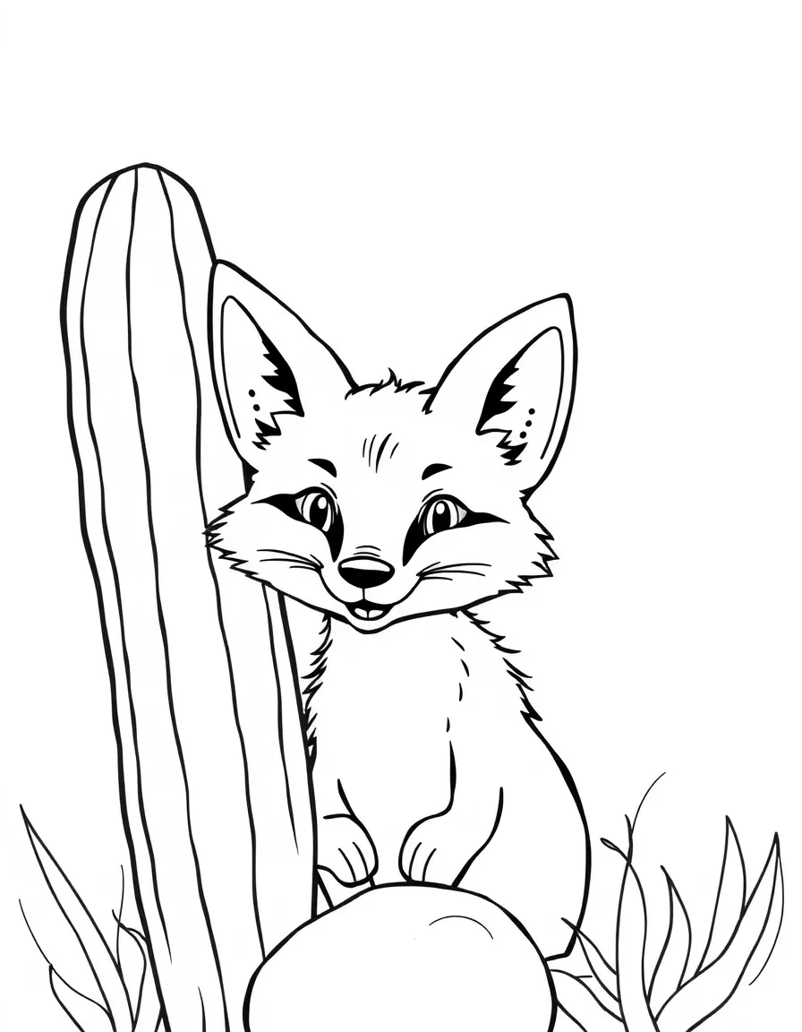 A smiling desert fox peeking out from behind a cactus in Arizona.