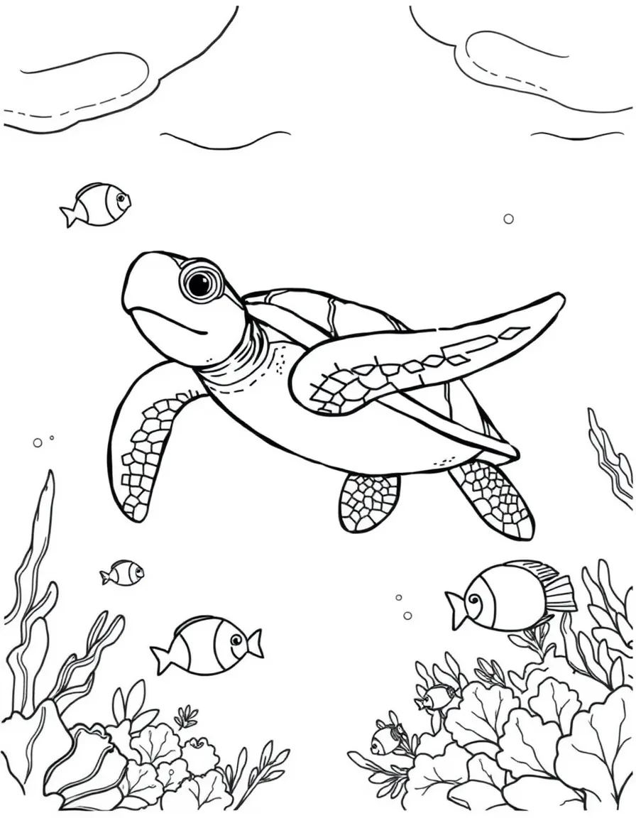 A joyful sea turtle swimming in the ocean with fish in Florida.