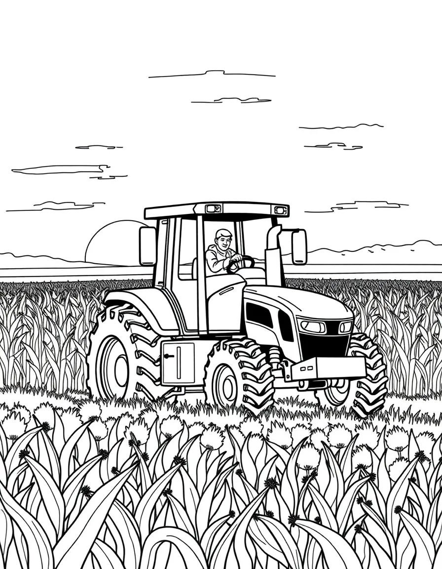A busy farmer driving a tractor in a cornfield at sunset in Iowa.