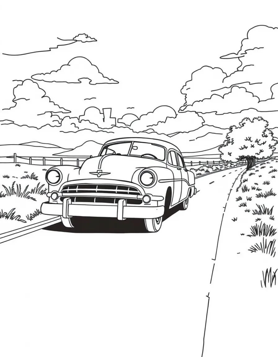 A cool old car driving on a scenic road in Oklahoma.