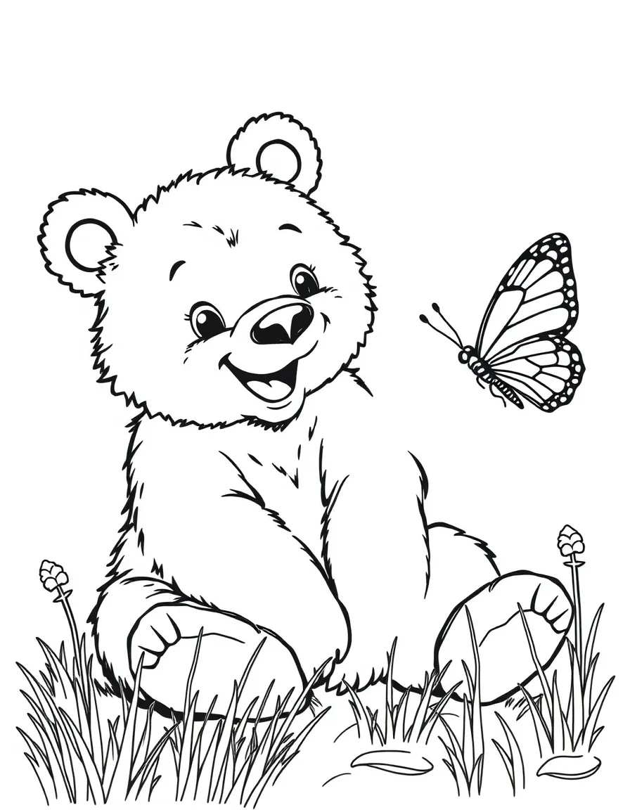 A happy grizzly bear cub playing with a butterfly in Montana.