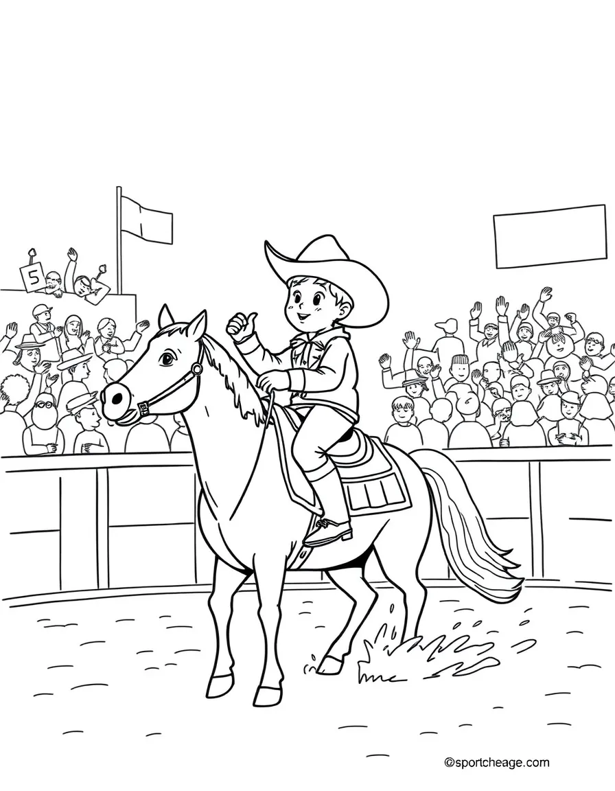 A tiny cowboy riding a horse in a rodeo, cheering in South Dakota.