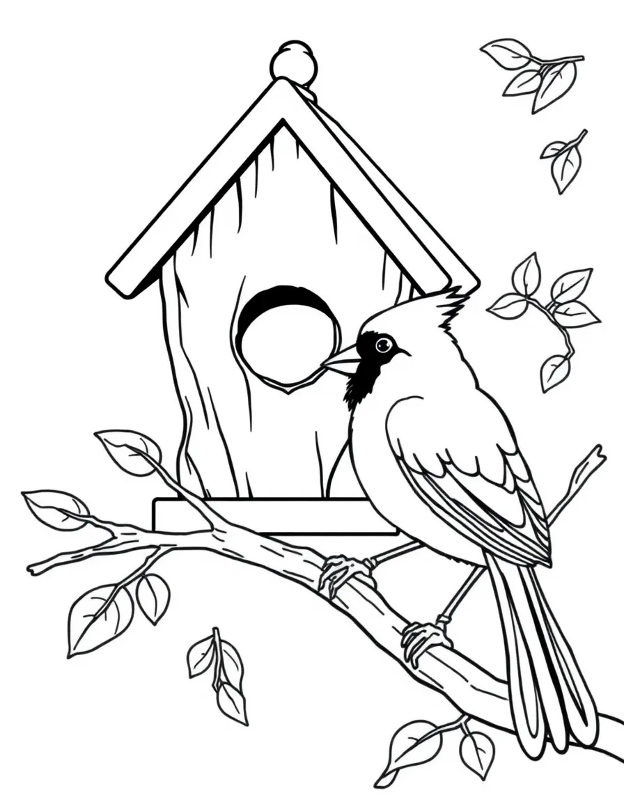 A cute cardinal perched on a branch looking at a birdhouse in Virginia.