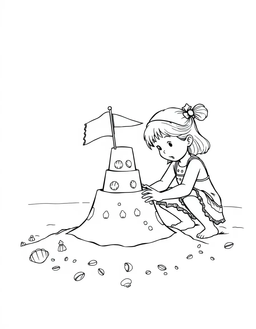 A little girl building a sandcastle with shells and flags in Delaware.