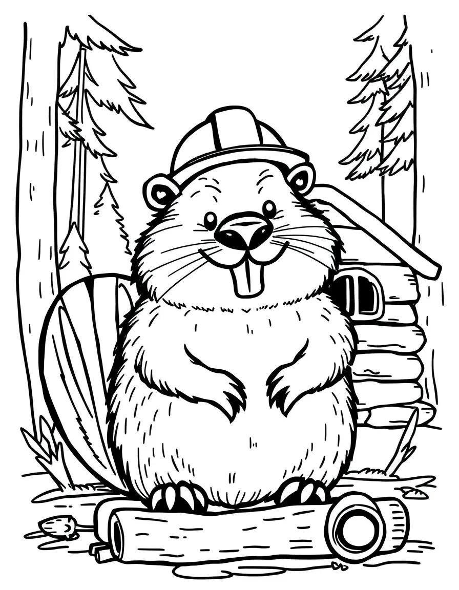 A happy beaver with a hard hat, building a lodge in Minnesota.