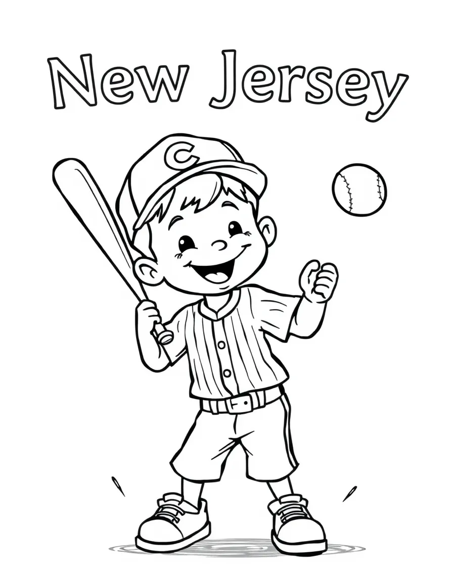 A cheerful little boy playing baseball with a bat and ball in New Jersey.