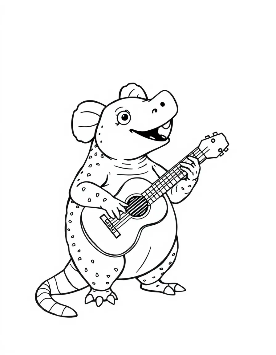 A friendly armadillo with a guitar, singing in Texas.