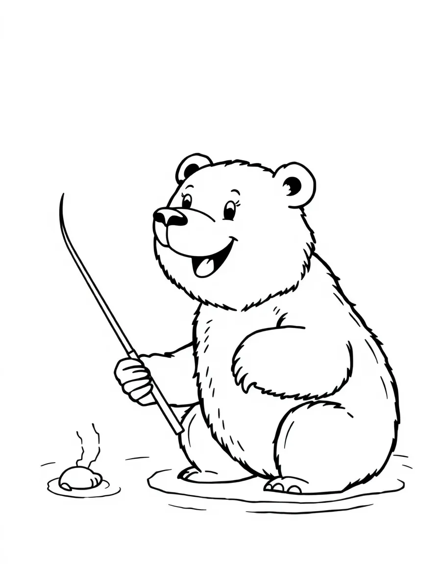 A happy bear fishing with a pole and a worm in Alaska.