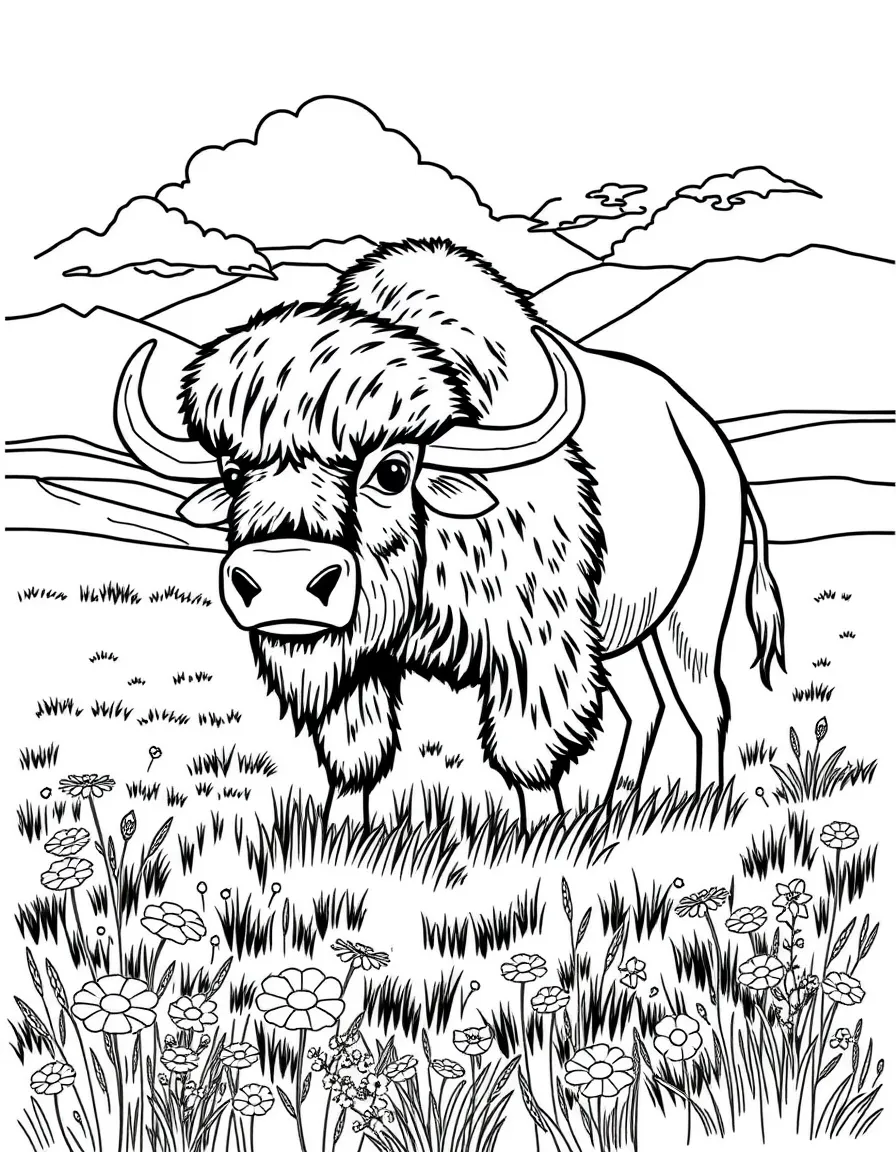 A bubbly bison standing in a field with wildflowers in Wyoming.
