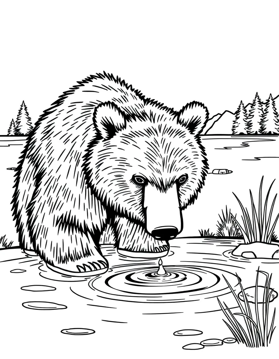 A curious bear drinking water from a clear lake in Oregon.