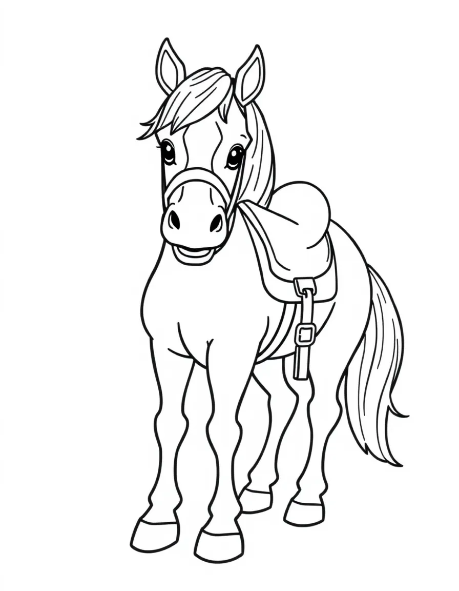 A happy horse with a saddle and bridle, ready to ride in Kentucky.
