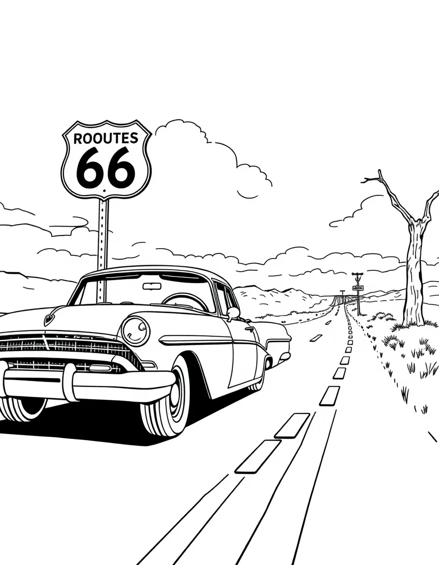 A cool vintage car driving down a long road with a Route 66 sign in Oklahoma.