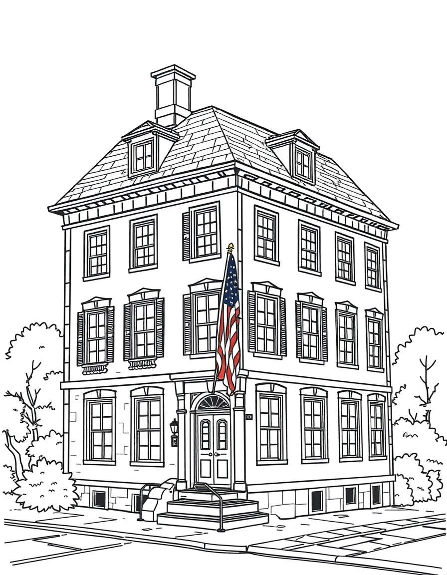 A little historical building with many windows and an American flag in Massachusetts.