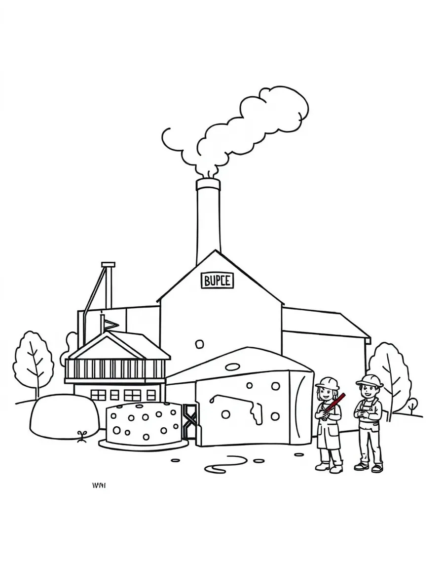A happy cheese factory with a smokestack and happy workers in Wisconsin.
