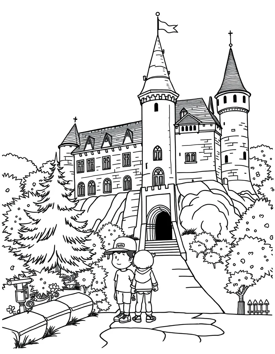 A little boy and girl visiting a castle-like building in Pennsylvania.