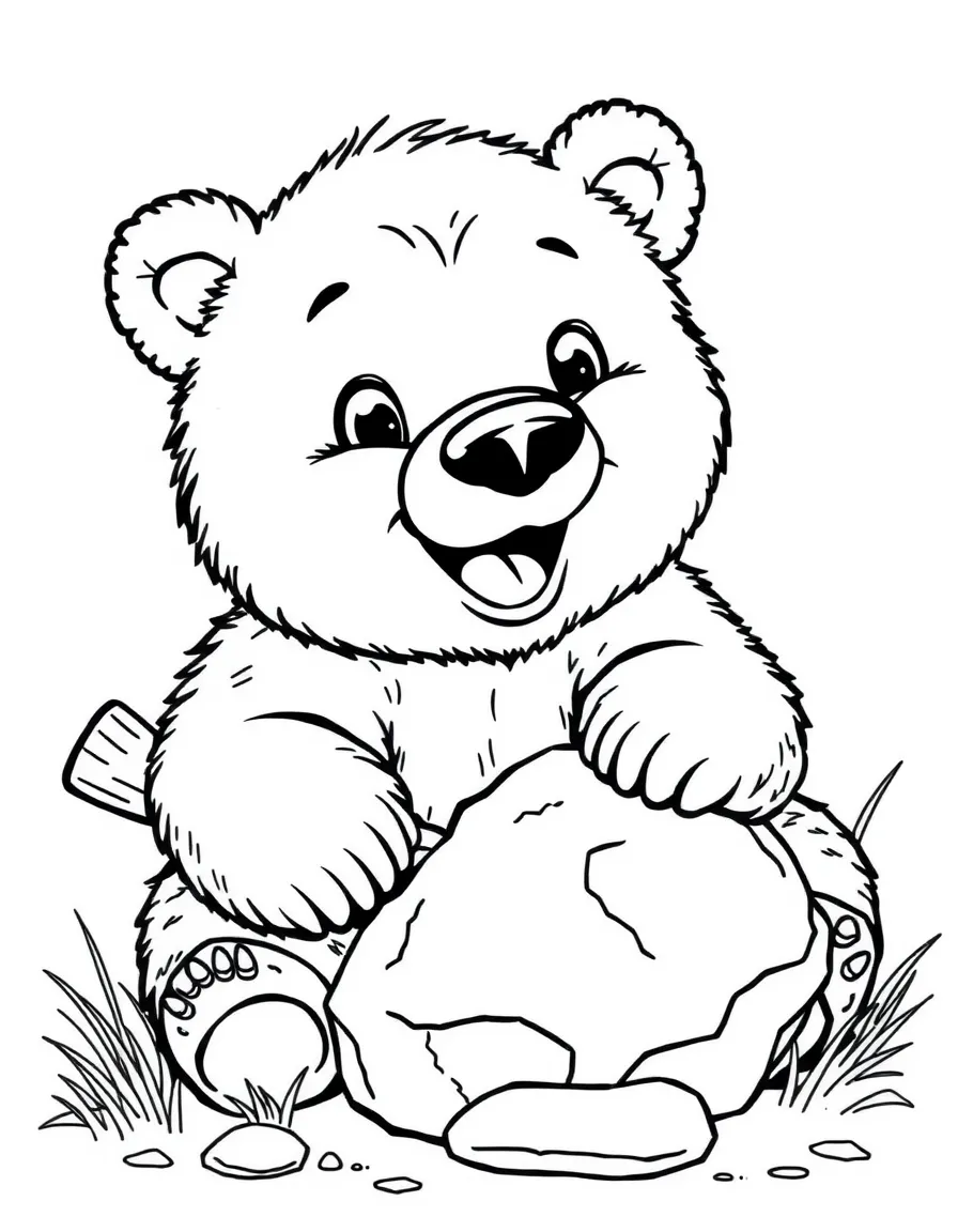 A happy grizzly bear cub playing with a stick and a rock in Montana.