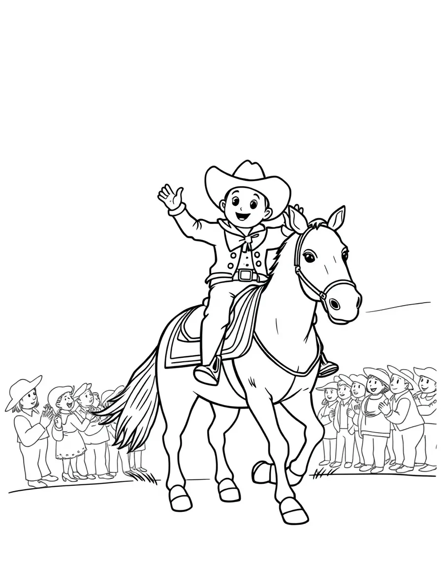 A tiny cowboy riding a horse in a parade, waving to the crowd in South Dakota.