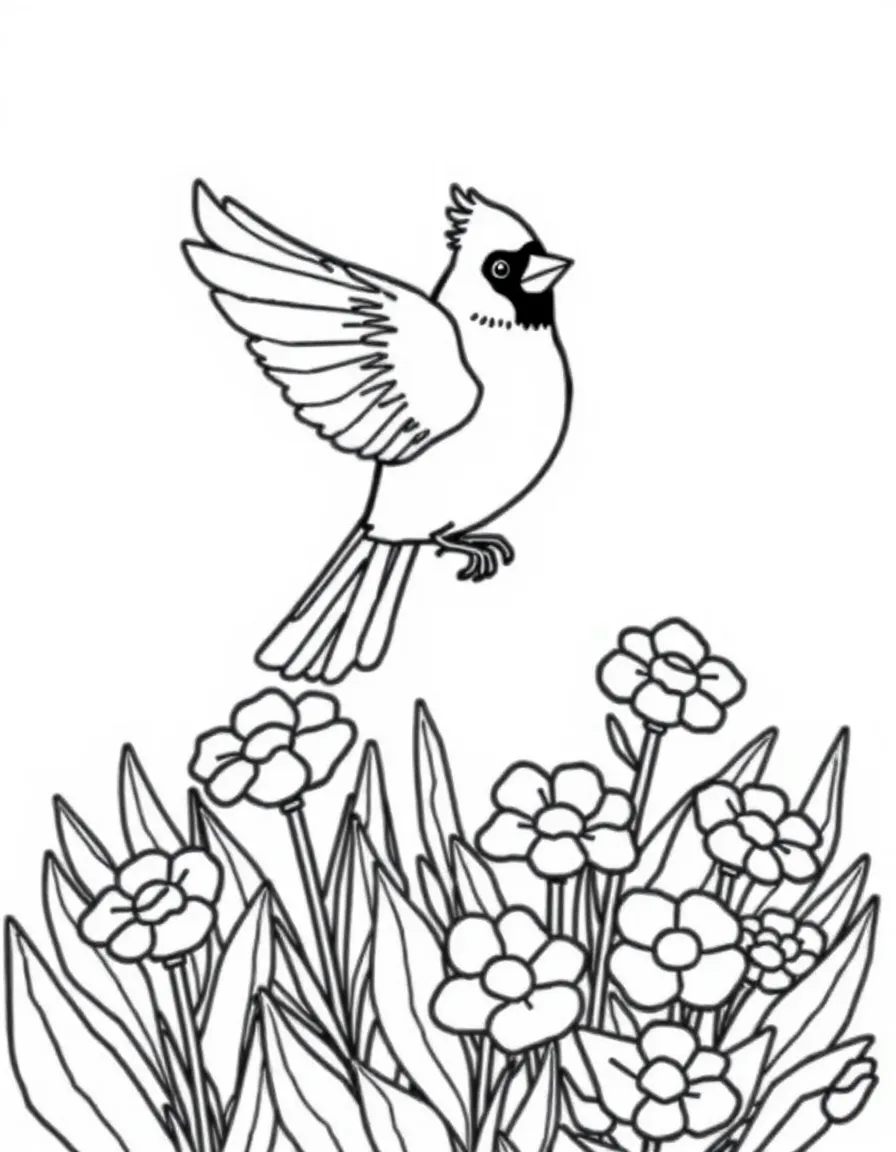 A cute cardinal flying over a beautiful garden in Virginia.