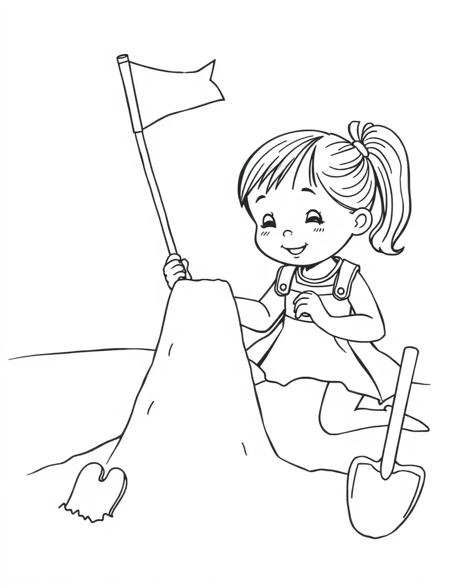 A little girl building a sandcastle with a red flag and a shovel in Delaware.