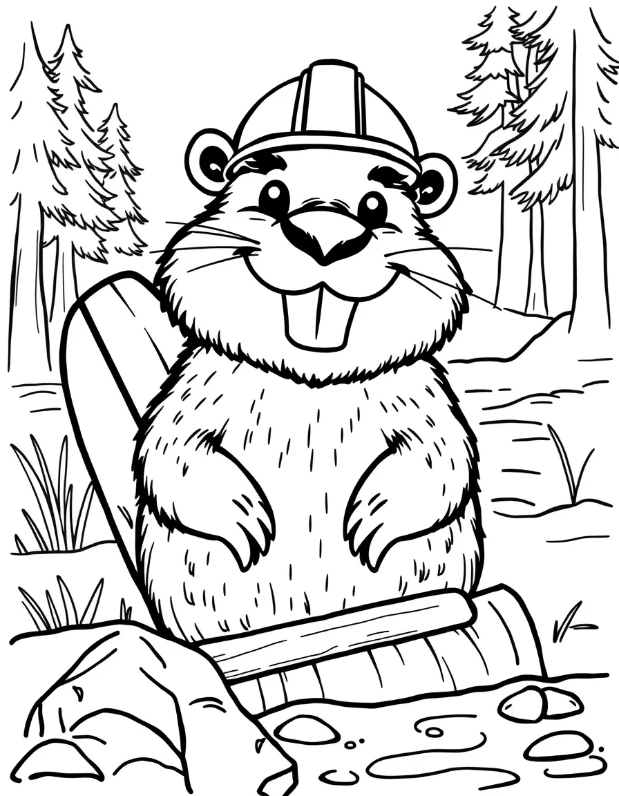 A happy beaver with a hard hat and a big smile, building a dam in Minnesota.