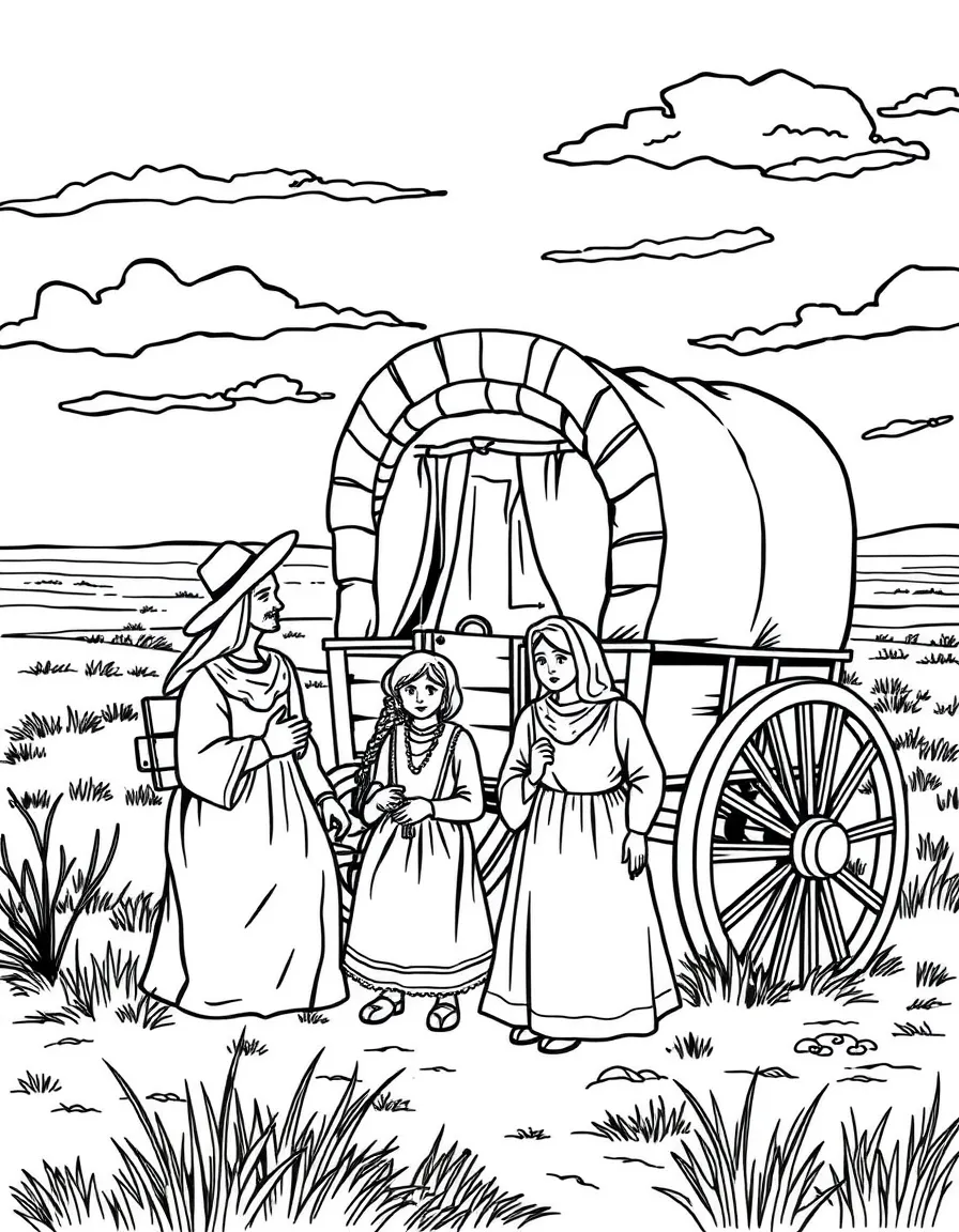 A brave pioneer family enjoying a peaceful evening by their covered wagon in Nebraska.
