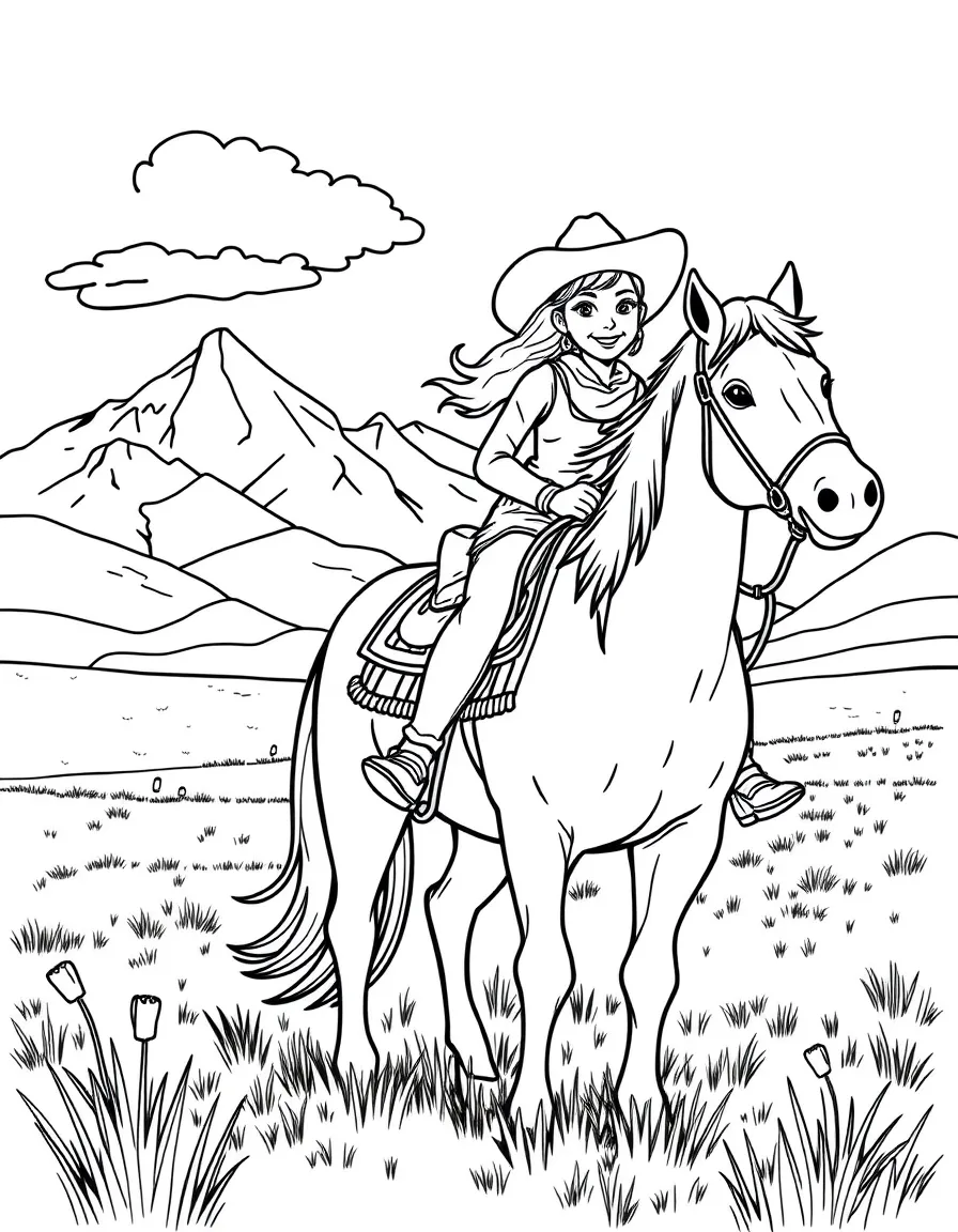 A happy cowgirl on a horse, riding through a field with mountains in the background in Colorado.