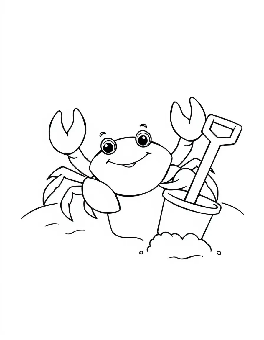 A little crab playing in the sand with a bucket and a shovel, smiling in South Carolina.