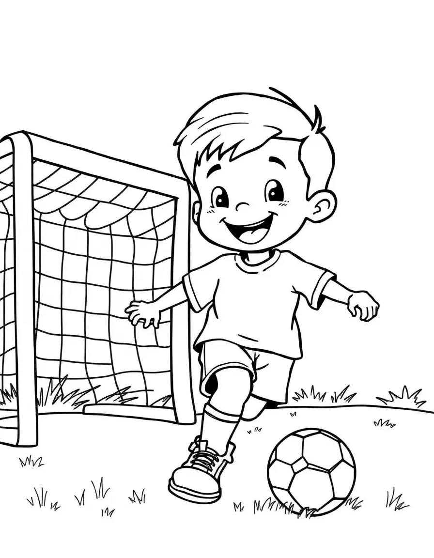 A cheerful little boy playing soccer with a ball and a goal in New Jersey.