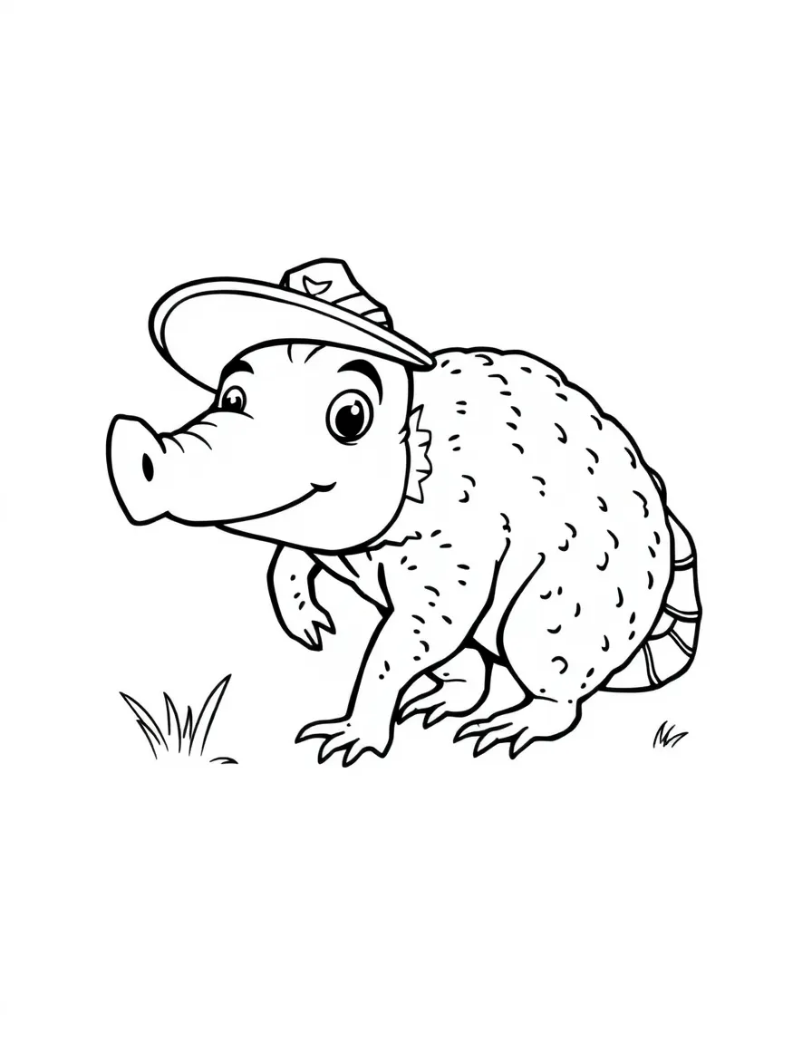 A friendly armadillo with a funny expression, wearing a tiny hat in Texas.