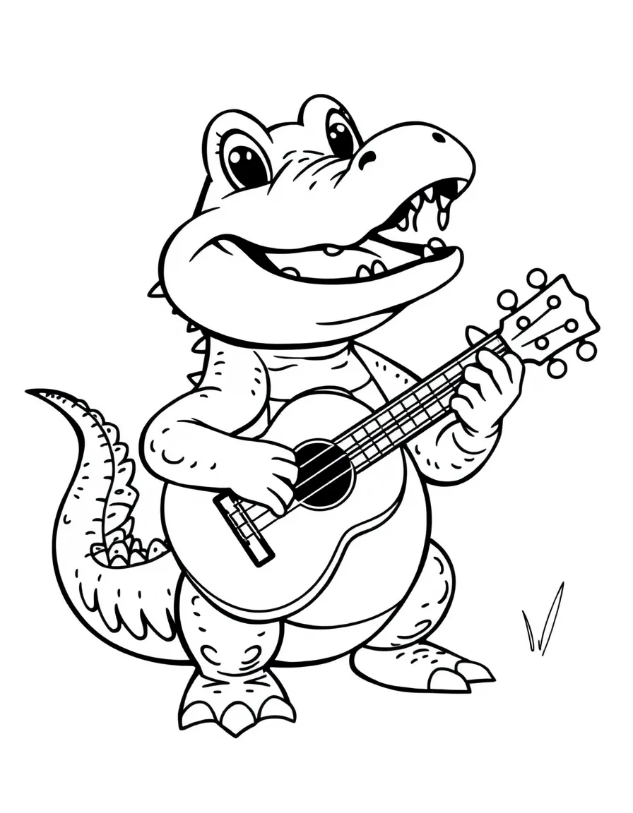 A cute little alligator playing the ukulele with a big smile in Louisiana.