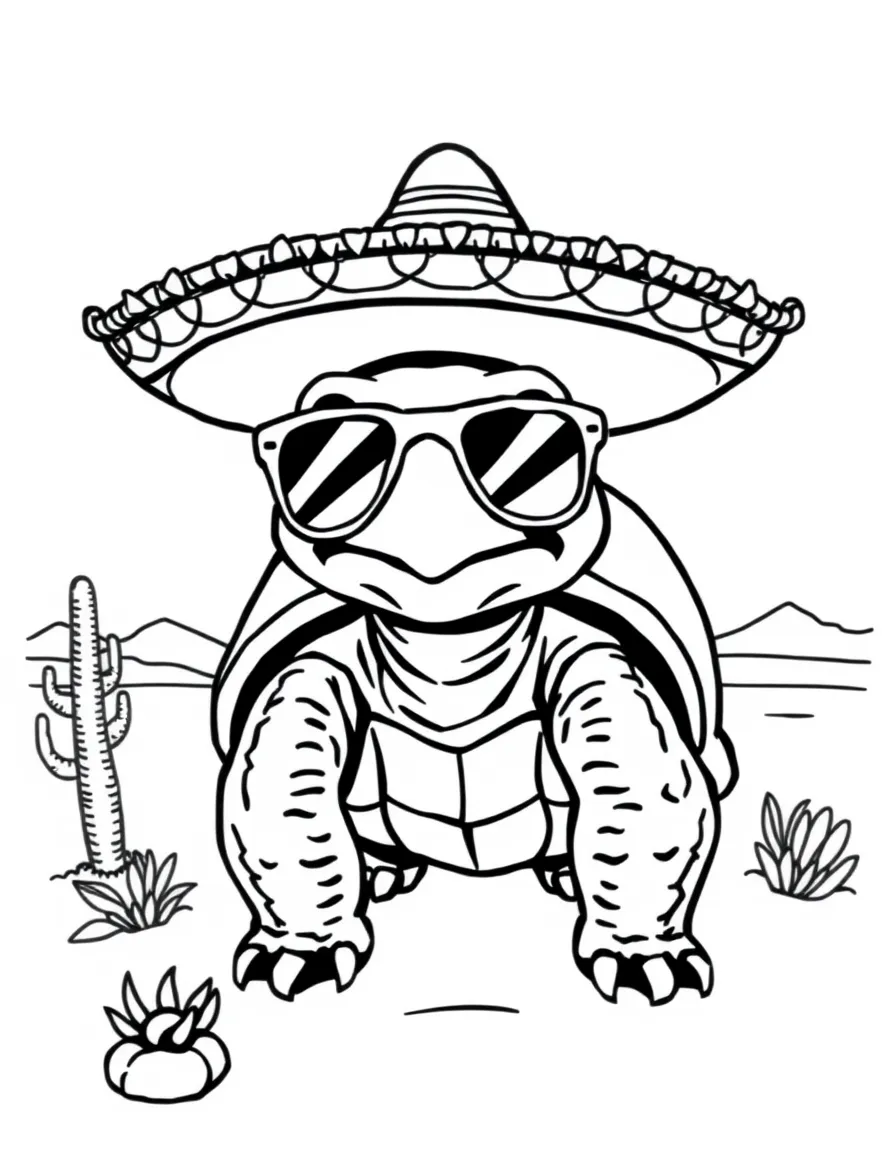 A smiling desert tortoise wearing sunglasses and a sombrero in Arizona.