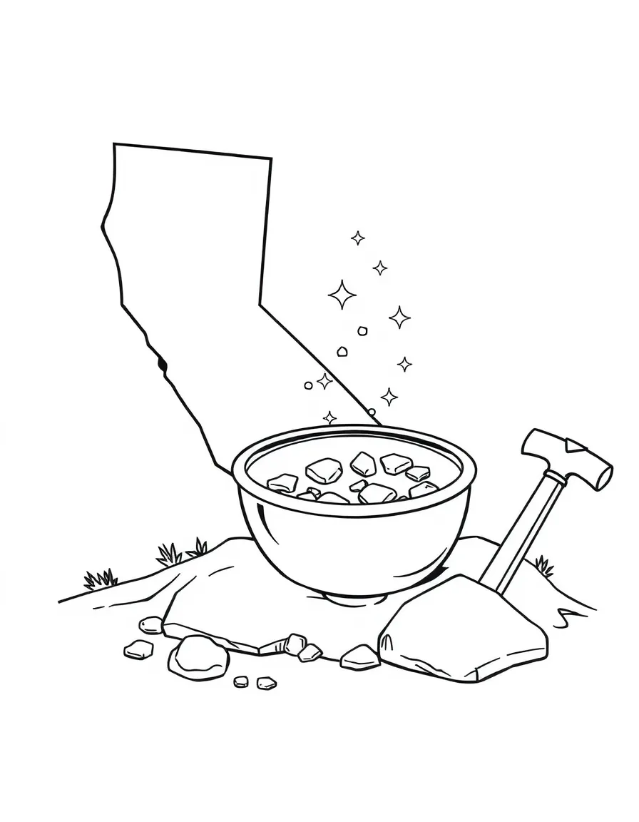 A tiny gold pan with sparkling gold flakes and a pickaxe nearby in California.