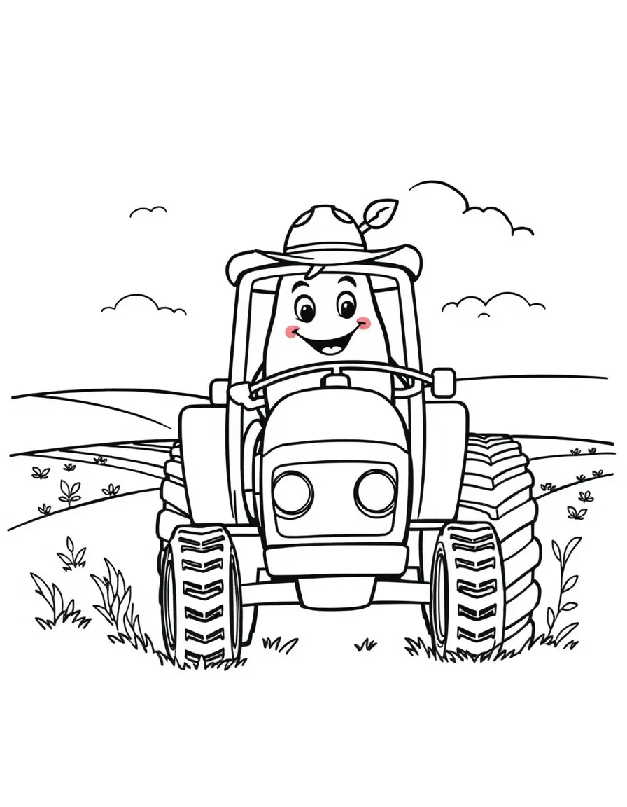 A happy potato farmer with a happy potato, driving a tractor in Idaho.