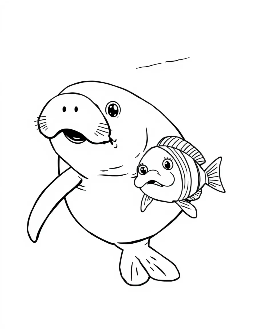 A joyful manatee swimming with a friendly fish in clear blue water in Florida.