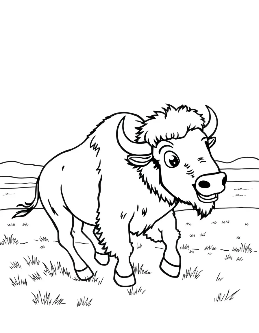 A bubbly bison galloping across a vast plain with a happy look in Wyoming.