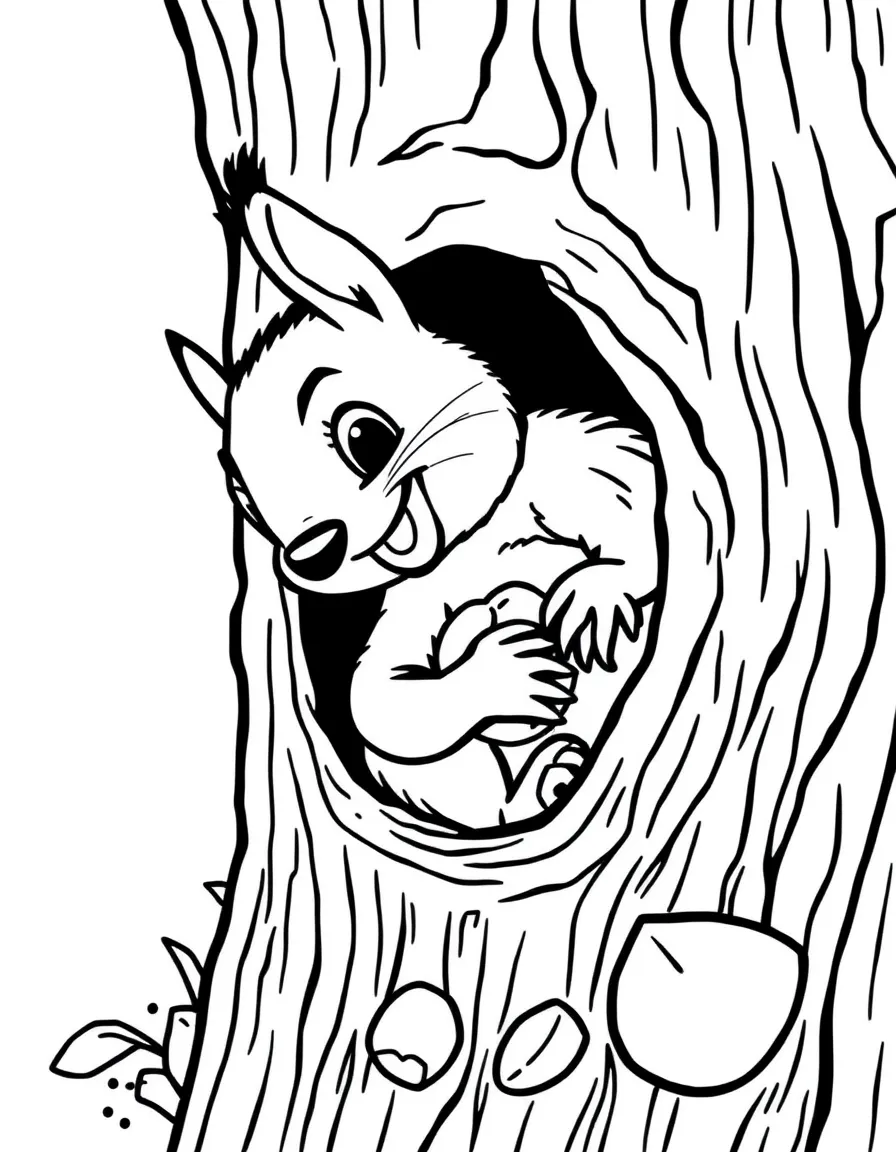 A playful squirrel hiding nuts in a tree trunk with a sneaky smile in North Carolina.