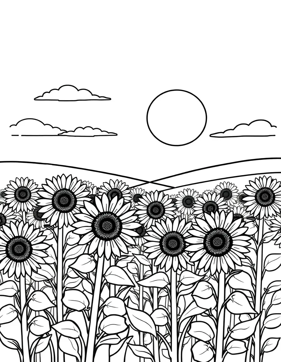 A cheerful sunflower field with a big, bright sun and a happy sky in Kansas.