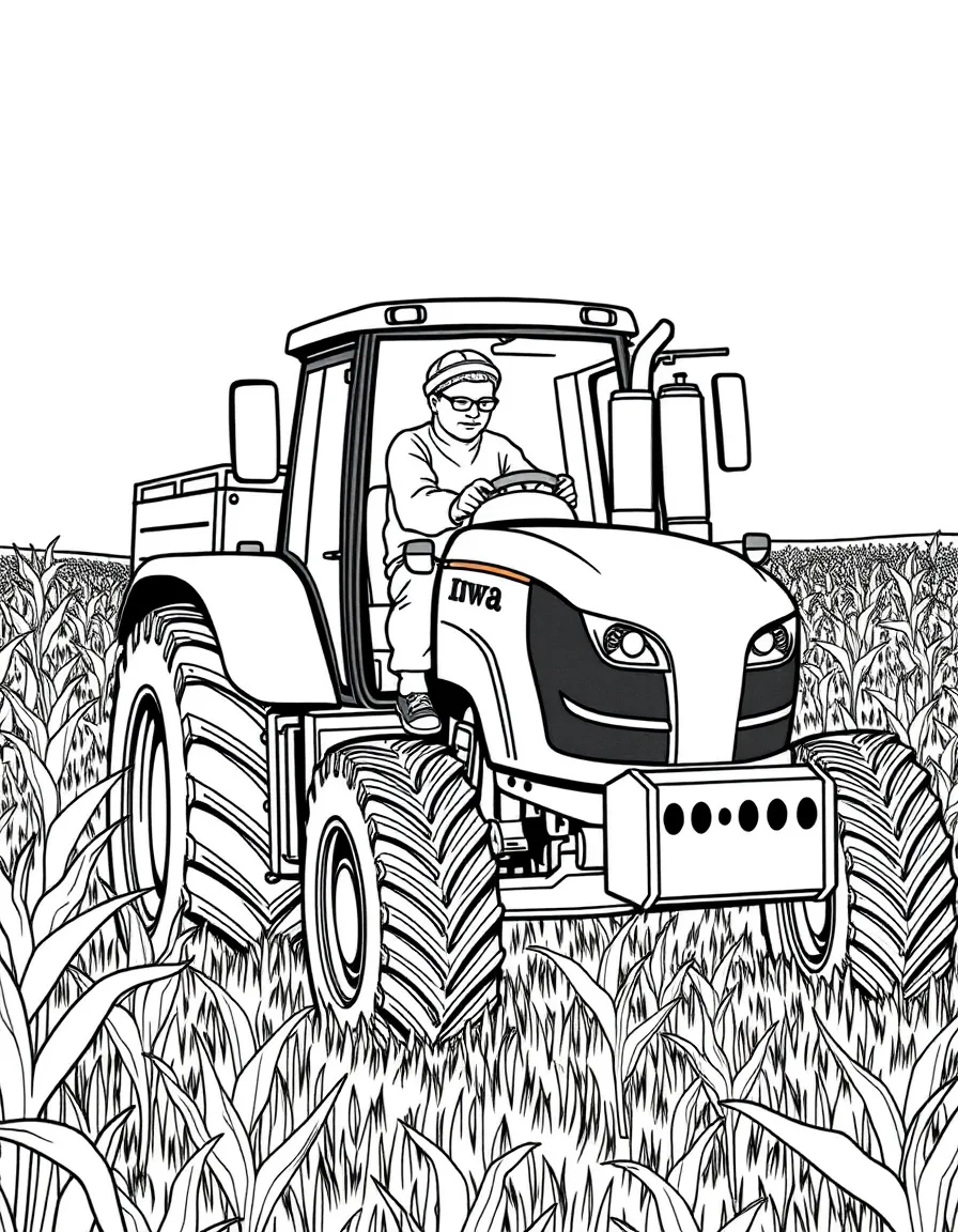 A busy farmer on a tractor, harvesting corn in a golden field in Iowa.