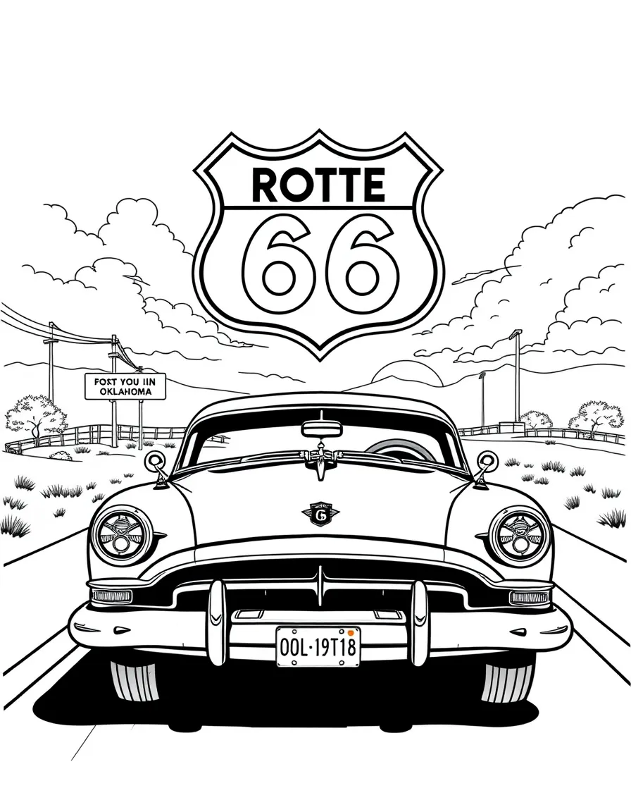 A cool vintage car driving down Route 66 with a bright, sunny sky in Oklahoma.
