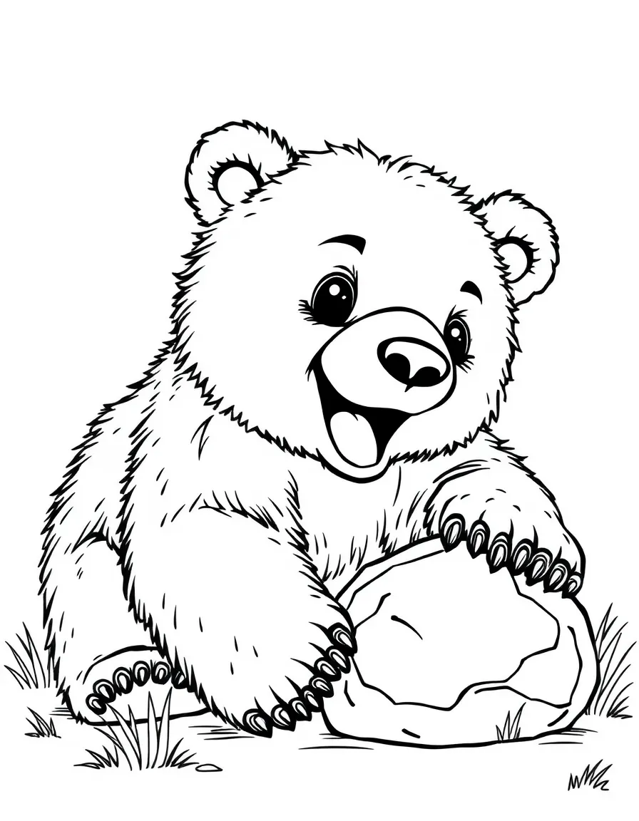 A happy grizzly bear cub playing with a small rock and a curious expression in Montana.