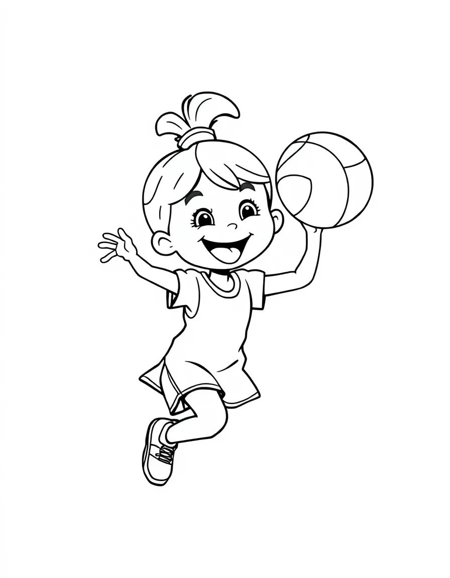 A cheerful little girl playing basketball with a happy smile and a hoop in Indiana.
