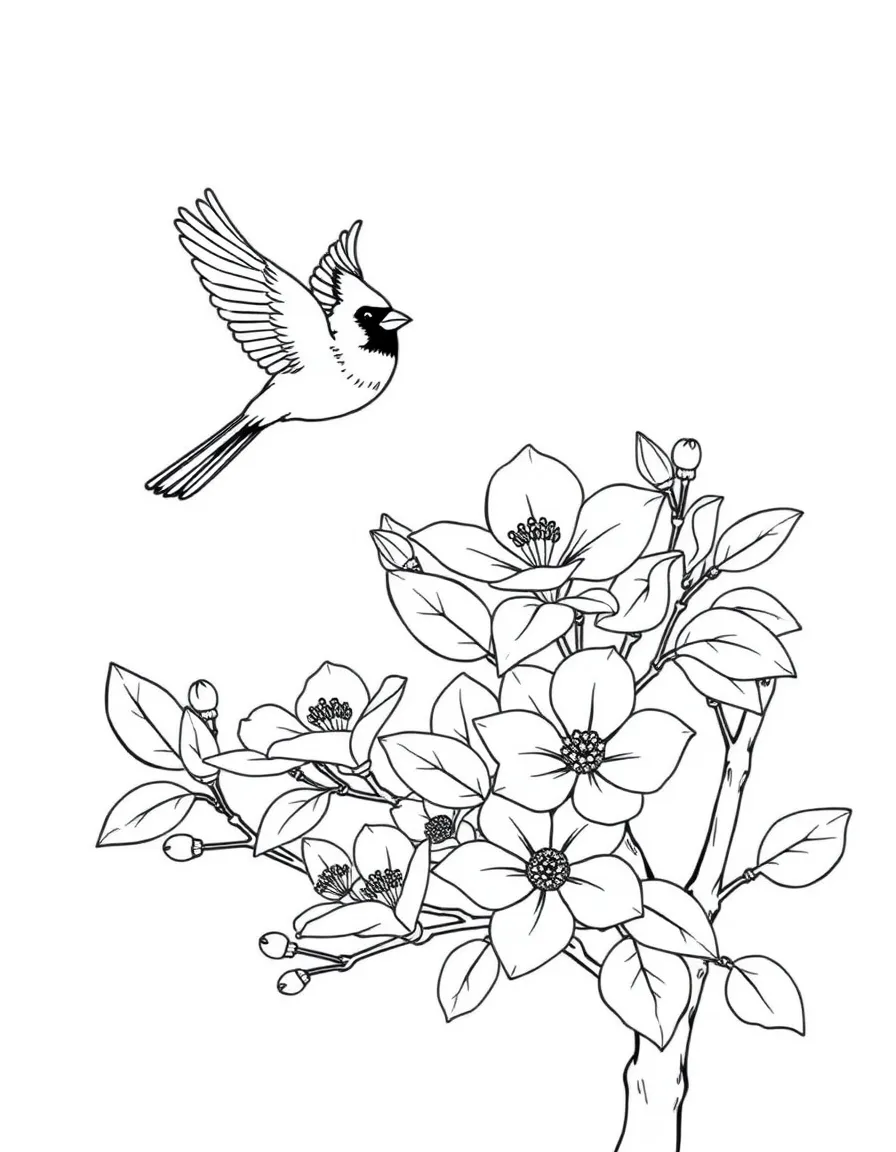 A cute cardinal flying over a beautiful dogwood tree with white flowers in Virginia.