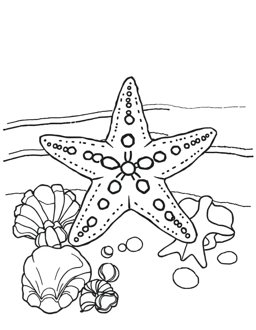 A starfish and seashells on the shore