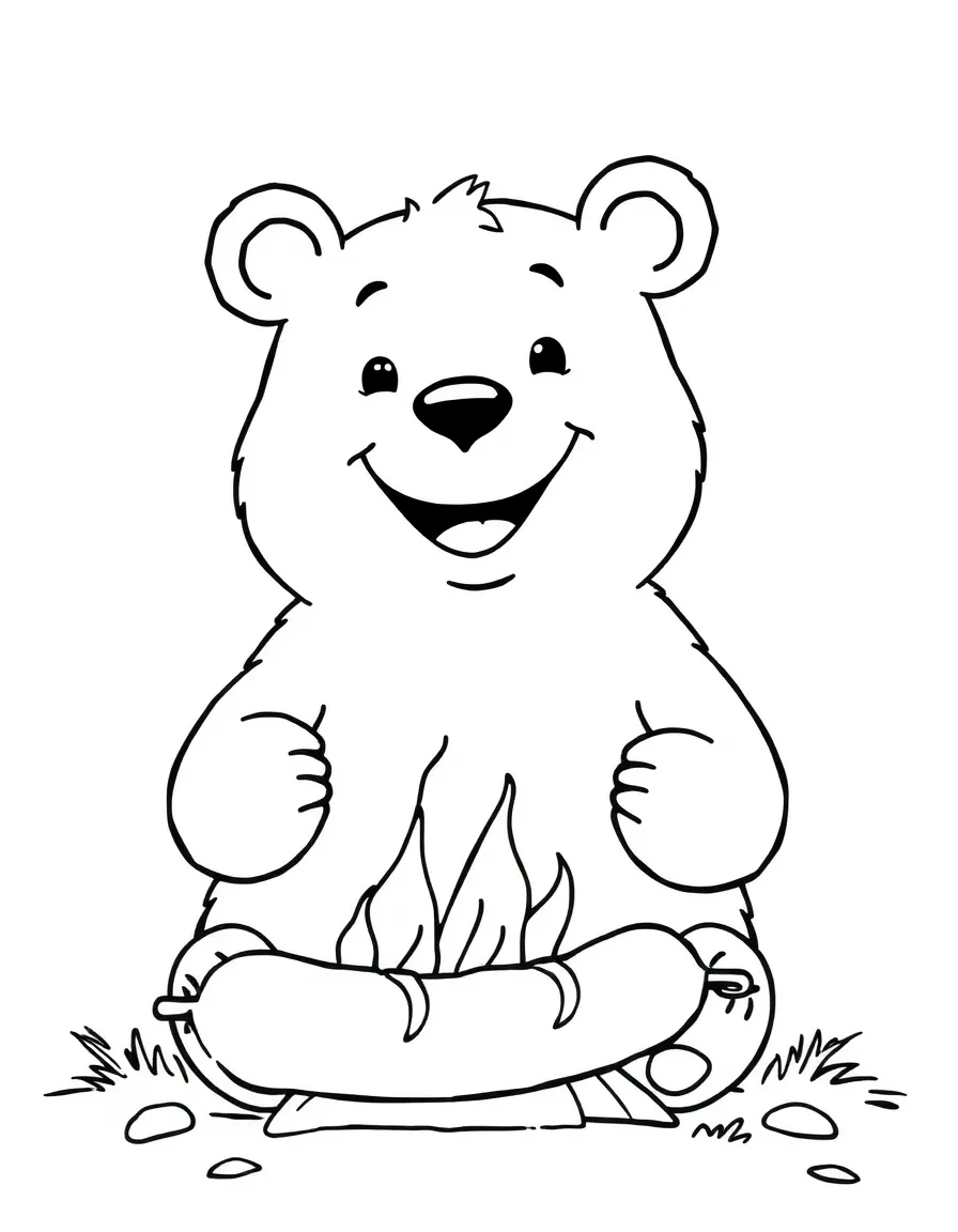 A smiling bear roasting a hot dog
