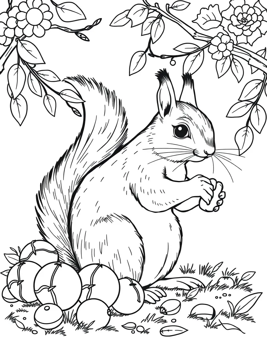 A squirrel gathering nuts in the summer