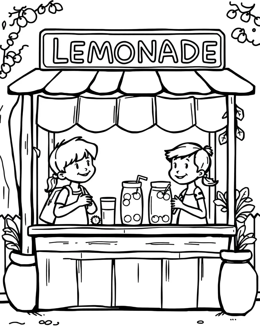 A lemonade stand with kids selling drinks