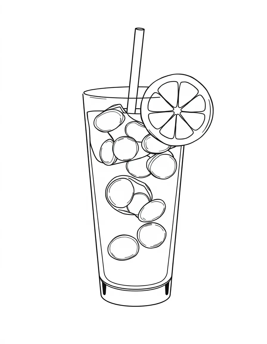 A glass of lemonade with ice and a lemon slice