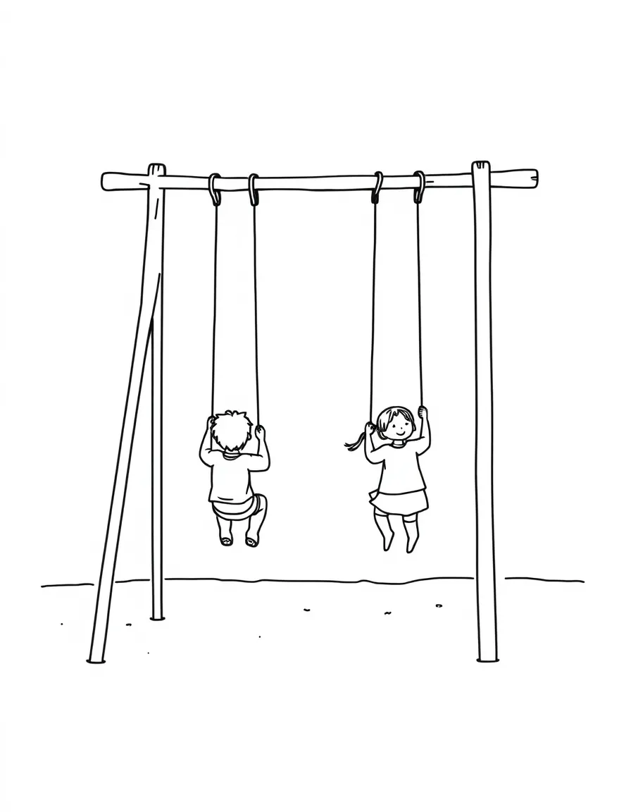 A park swing set with kids swinging high
